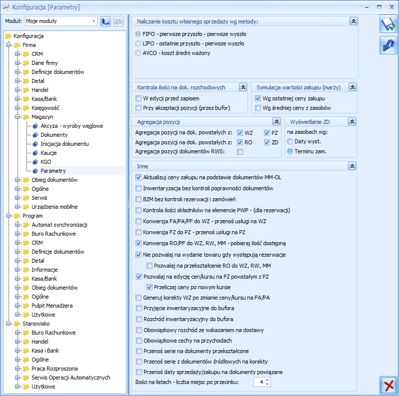 Rys. Parametry konfiguracyjne Magazynu Aktualizuj ceny zakupu na podstawie dokumentów MM - OL parametr odpowiada za aktualizację (zmianę) ostatniej ceny zakupu na karcie towaru.