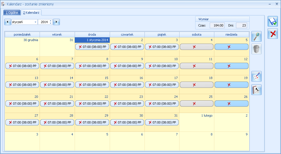 Rys. Fragment kalendarza przed zdefiniowaniem W celu wypełnienia kalendarza serią dni należy użyć przycisku Wstawianie serii podzielony na dwie zakładki: Wstaw serię.