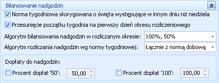 Rys. Konfiguracja Firmy/ Płace/ Konfiguracja kalendarza (fragment) Przesunięcie początku tygodnia na pierwszy dzień okresu rozliczeniowego parametr decyduje o tym, w jaki sposób program będzie