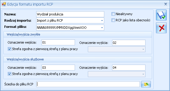 Rys. Edycja formatu importu RCP Na formularzu znajduje się parametr Nieaktywny.