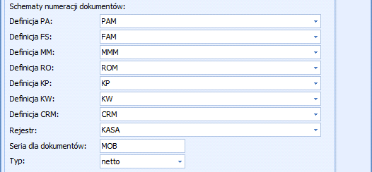 Rys. Stanowisko sprzedaży mobilnej część 2 Definicja PA definicja schematu numeracji dla Paragonów wystawianych w Comarch ERP Mobile Sprzedaż. Definicja musi zawierać człon SERIA.