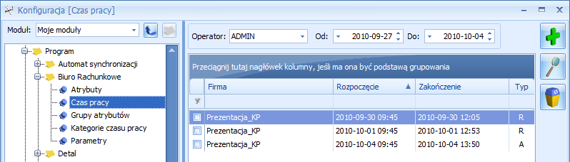 5.2.2.2 Czas pracy Informacje znajdujące się w tej części związane są z funkcją Rejestrator czasu pracy, z której można skorzystać użytkując moduł Biuro Rachunkowe W tym miejscu zapisywane są kolejne