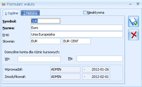 Uwaga: Waluta systemowa jest walutą, w której wykonywane są wszelkie rozliczenia w programie. Nie da się jej skasować z listy walut.