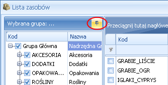 Panel drzewa grup rozwijany jest za pomocą pionowego przycisku Wybrana grupa:, a ustawienie widoczności panelu filtrowania wg drzewa grup na stałe włącza się przez wciśnięcie przycisku pinezki: Rys.