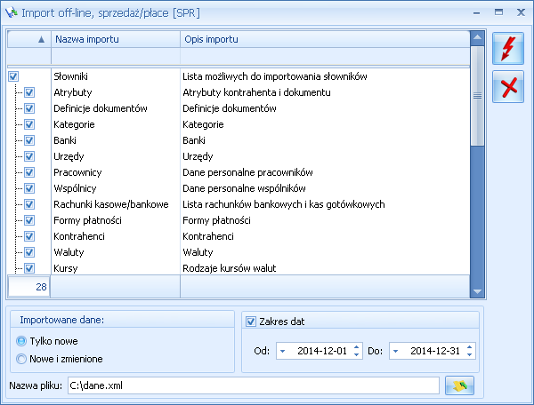 Import danych dział sprzedaży/płac Import danych w obrębie działu sprzedaży/płac obejmuje: Słowniki: atrybuty, definicje dokumentów, kategorie (ogólne i szczegółowe), banki, urzędy, pracownicy,