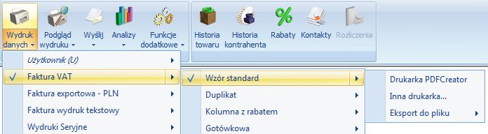 Rys. Menu kontekstowe konfiguracji wydruków Na liście rozwijanej wydruków w Wydruku danych lub w Podglądzie wydruku, wydruk Użytkownika oznaczony jest kursywą i dodatkowo