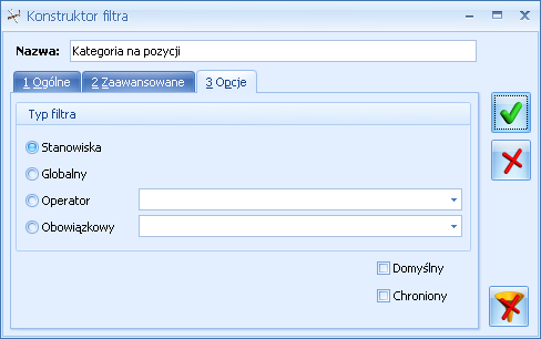 Jeśli na danej liście nie ma zdefiniowanego ani filtra domyślnego Stanowiska ani Operatora - domyślny filtr jest szukany w filtrach Globalnych. Rys. Konstruktor filtra - zakładka Opcje 3.7.2.