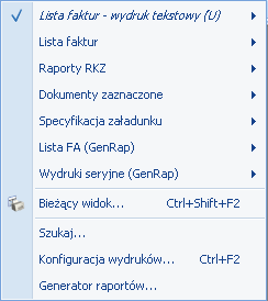 Po wciśnięciu przycisku Wydruk danych - natychmiastowy wydruk raportu domyślnego dla danego wywołania Po wciśnięciu rozwinięcia widocznego pod przyciskiem Wydruk danych (lub klawisz <ALT>+<F2>) -