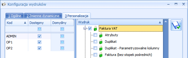 W przeciwnym wypadku dostępne są obie kolumny, a jeśli na drzewie wydruków nie jest zaznaczony żaden wydruk to ustawienia stosują się do aktualnie podświetlonego wydruku lub zestawu. Rys.