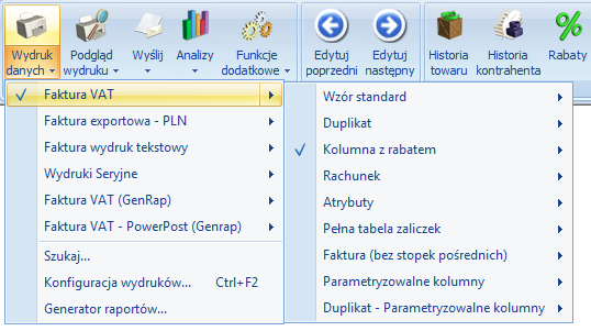 Rys. Konfiguracja wydruków zakładka Personalizacja Rys. Menu kontekstowe Wydruku danych Uwaga: Zablokowanie zestawu wydruków skutkuje zablokowaniem wszystkich wydruków w nim się znajdujących.