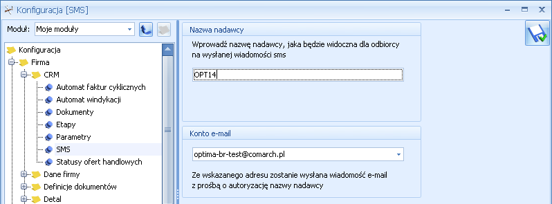 Rys. Konfiguracja SMS Konto e-mail należy wskazać jedno z kont pocztowych skonfigurowanych uprzednio w menu System/ Konfiguracja/ Program/ CRM/ Konta e-mail.