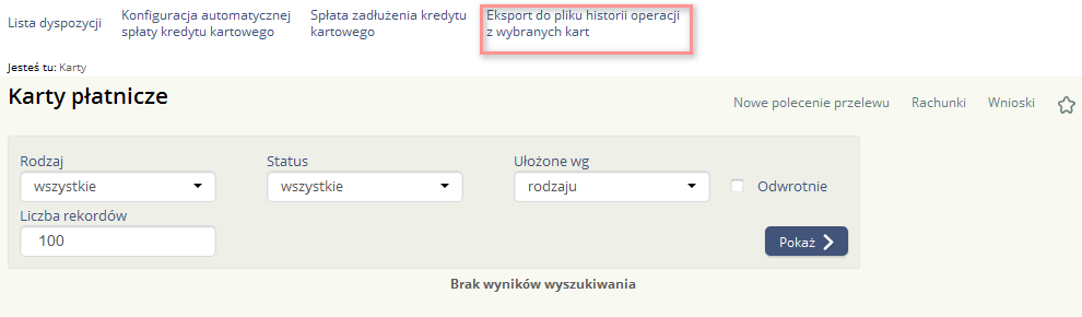 Rachunek - lista rachunków możliwych do obciążenia spłatą kredytu kartowego, Typ spłaty - pole słownikowe z wartościami: Kwota minimalna, Kwota całkowita, Domyślnie wybrana wartość zgodna z obecną