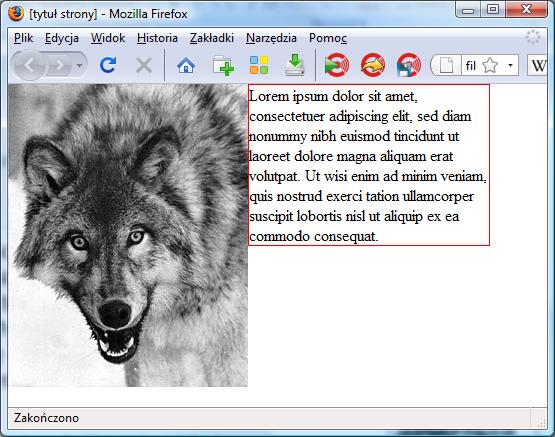 II. Elementy pływające i ich czyszczenie Własność float Zastosowanie własności float zarówno do obrazu, jak i akapitu (o ustalonych szerokościach) powoduje, że tekst przestaje owijać się wokół obrazu.