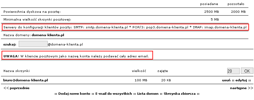 Pierwsze informacje pokazują nam ogólne dane dla całej poczty, czyli Powierzchnia dyskowa na pocztę czyli opcja dostępna także z menu Właściwości, oraz druga powtarzająca się opcja to Minimalna