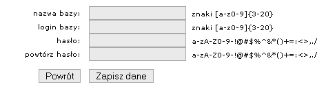 Dodawanie nowych baz MySQL odbywa się poprzez kliknięcie na link Nowa baza MySQL. System prosi nas wtedy o podanie danych nowej bazy.