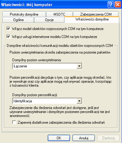 3. Wybierz zakładkę Default Properties (Właściwości domyślne). Upewnij się, że jest zaznaczony model obiektów rozproszonych na tym koputrze Enable Distributed COM on this computer.