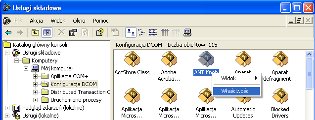 8. Wybierz zdalny OPC serwer z których chcesz się łączyć i kliknij prawym klawiszem myszy na jego właściwościach Properties.