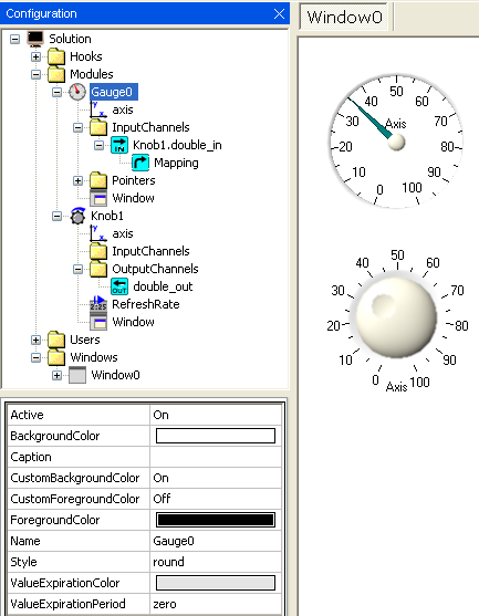 3. Łączymy (mapujemy) kanał wyjściowy output kontrolki Knob z kanałem wejściowym input kontrolki Gauge przeciągając kanał output na input.