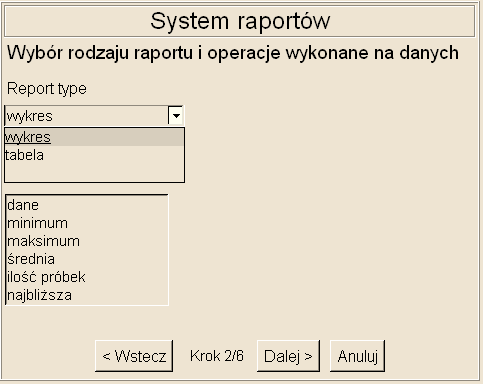 Jeśli dla wybranego węzła nie ma zdefiniowanego w systemie raportu, użytkownik zostanie o tym poinformowany stosownym komunikatem. 2.Wybór rodzaju raportu.