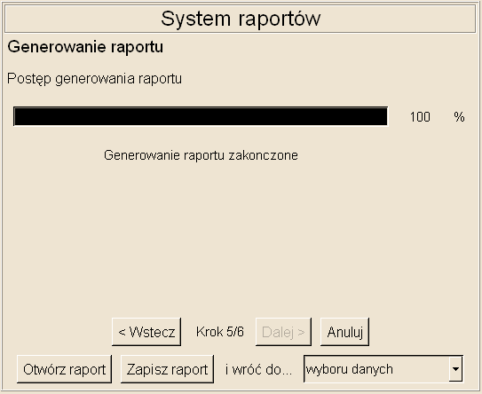 Po zakończeniu generowania raportu wybieramy funkację zapisu lub otworzenia pliku raportem oraz