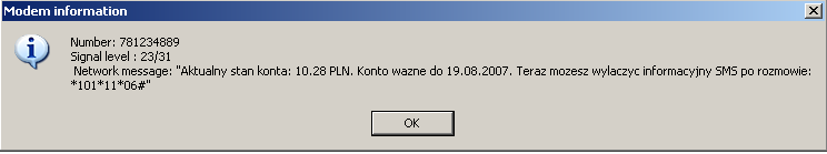 Komunikat zwrotny od modemu powinien ukazać się po upływie około pół minuty od wybrania opcji Get information.