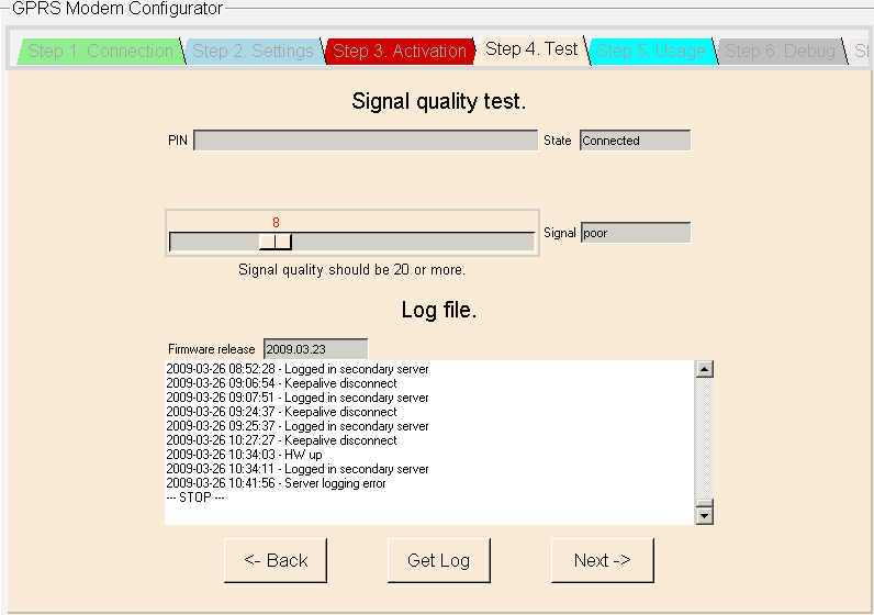 Zakładka Test Zakładka ta umożliwia sprawdzenie poprawności wpisanego kodu PIN oraz jakości sygnału w miejscu, w którym znajduje się modem.