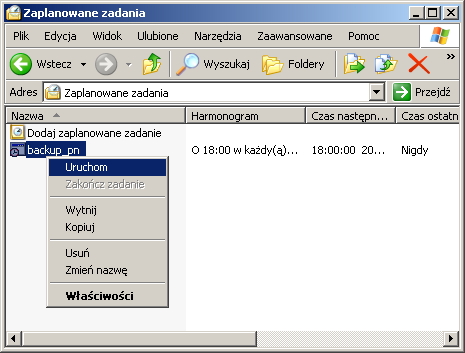 8 Archiwizacja Testowanie utworzonego zadania III W taki sam sposób można tworzyć zadania na kolejne dni, pamiętając o tym, by tworzyć kolejne pliki wsadowe *.bat ze zmienionym katalogiem docelowym.