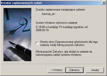 Automatyczne archiwizacje 7 Decydujemy z jakiego użytkownika ma być wykonane zadanie. Nazwę użytkownika należy podać w formacie Nazwa_komputera\Użytkownik.