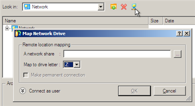 Mapuj dysk sieciowy, na którym umieszczone są archiwa: - Wywołaj okno dialogowe Map Network Drive, poprzez kliknięcie odpowiedniego przycisku; - Kliknij standardowy przycisk przeglądania [ ], aby