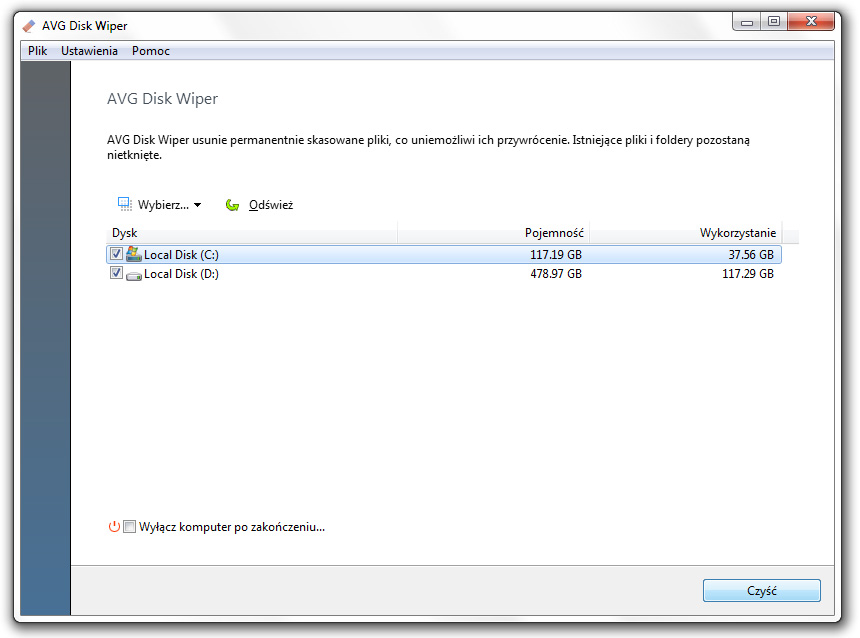 To launch the Disk W iper tool, click on the W ipe disks link of the Priv acy section. Select the disks you want the program to wipe and click on the Wipe button to start erasing deleted data.