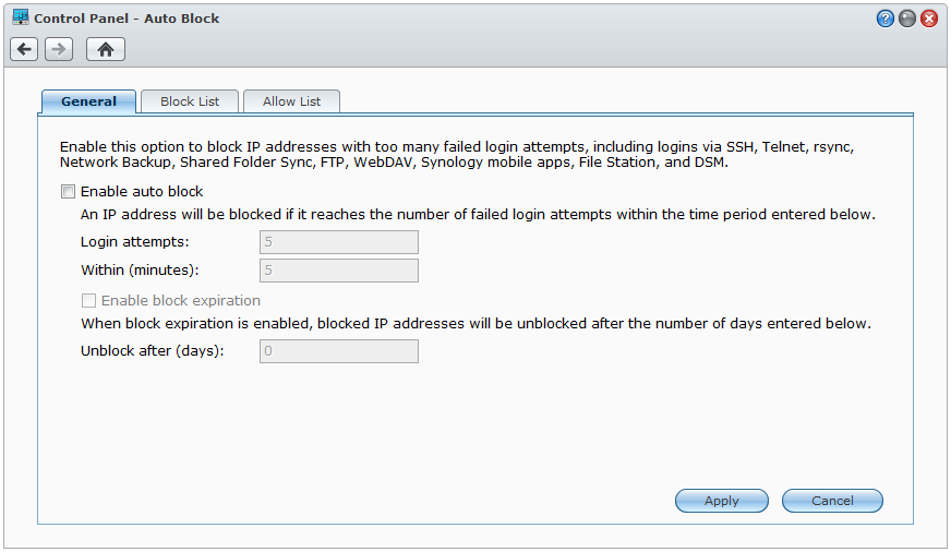 Synology DiskStation Przewodnik użytkownika Automatyczne blokowanie podejrzanych prób logowania Automatyczne blokowanie pozwala zapobiegać nieautoryzowanemu logowaniu.