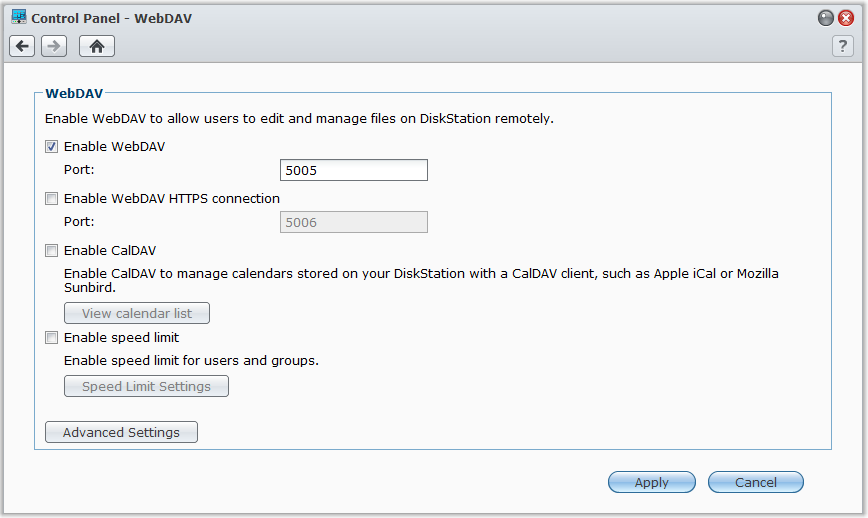 Synology DiskStation Przewodnik użytkownika Dostęp do plików przy użyciu protokołu WebDAV Po włączeniu usługi WebDAV lub CalDAV (w Menu główne > Panel