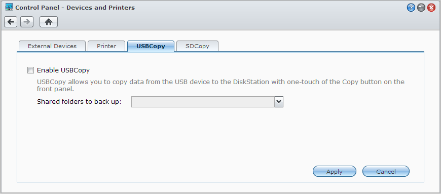 Synology DiskStation Przewodnik użytkownika Tworzenie kopii zapasowej danych w urządzeniu USB Device lub na karcie SD Card Możesz przejść do pozycji Menu główne > Panel sterowania > Urządzenia i