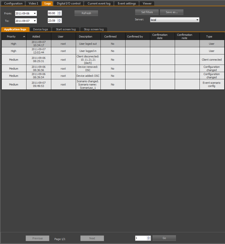 NMS - User s manual ver. 1.22 LOGS PANEL 7. LOGS PANEL 7.1. Logs panel - basic information Log panel allows for viewing logs generated by IP devices as well as NMS application stored in a data base.