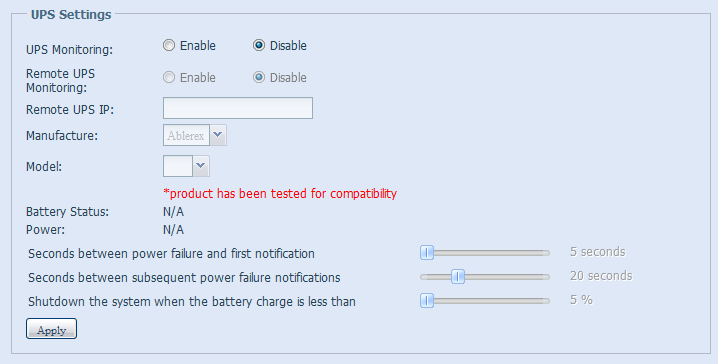 Uninterrupted Power Source (UPS Settings) (Nieprzerwane źródło zasilania (Ustawienia UPS)) Pamięć masowa Thecus IP, może także obsługiwać różne zasilacze UPS poprzez złącze Serial (Szeregowe) lub USB