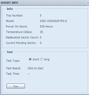 Aby przejść do okna informacyjnego S.M.A.R.T Info należy w oknie Disks Information kliknąc na statusie OK lub Warning, co spowoduje wyświetlenie szczegółowych informacji o statusie funkcji S.M.A.R.T. Aby dokonać sprawdzenia dysku za pomocą funkcji SMART wystarczy kliknąć na klawisz Test, który rozpoczyna testowanie powierzchni napędu.