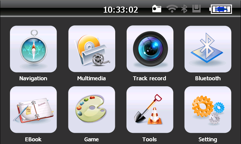 Obsługa Menu Nawigacja Multimedia Nagrywanie Trasy E-book Bluetooth Gry Narzędzia Ustawienia Odtwarzacz Wideo Odtwarzacz Muzyki Przeglądark a Zdjęć System nawigacyjny Obsługa plików w formacie ASF,
