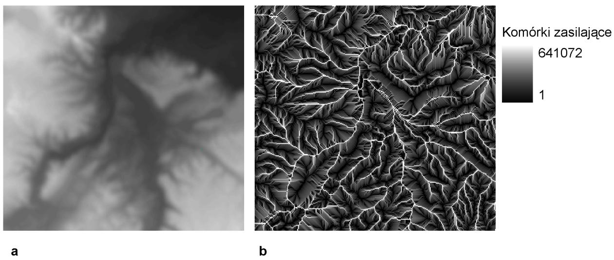 Rys. 6.18 Wycinek mapy DEM (a) i wykonana dla niej mapa akumulacji spływu (b). Mapa taka zawiera wartości proporcjonalne do ilość wody przepływającej przez daną komórkę.