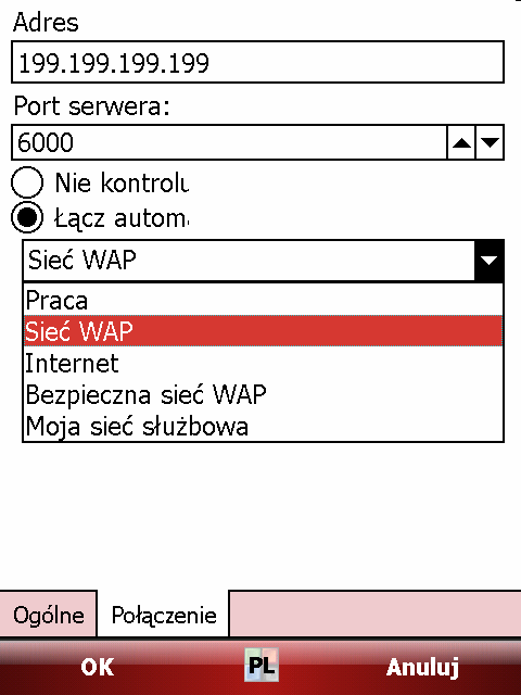 Zakładka 2 Połączenie. Adres serwera adres serwera systemu SSM. MoŜe zostać wprowadzony w postaci adresu IP (np. 199.199.199.199) lub adresu URL (np. www.twojafirma.pl).