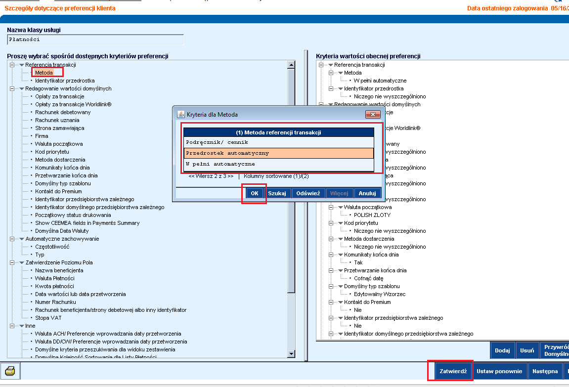 67 Tak jak w przypadku innych funkcji systemu CitiDirect, w Preferencjach klienta dostępne do modyfikacji funkcje w systemie znajdują się po lewej stronie oknie, a ustawione - po prawej stronie.