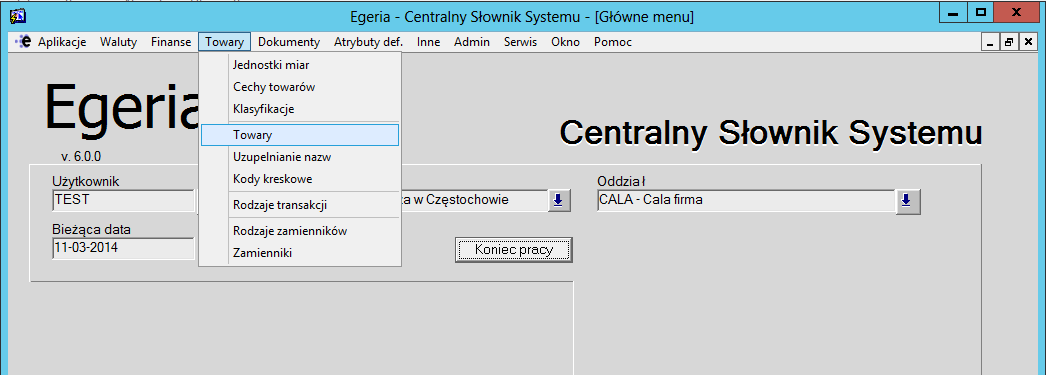 Z menu aplikacji wybieramy: Towary \ Towary. 5. Wprowadzenie nowej definicji indeksu towarowego. Lista Czynności: 1.