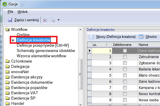 Konfiguracja definicji kreatorów dostępna jest w menu Narzędzia -> Opcje -> Ogólne-> Definicje kreatorów Rys.