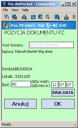 Teraz Twoja kolej, aby zaewidencjonować w systemie ilościowe przyjęcie towarów do magazynu. W menu Start palmtopa spośród dostępnych programów wybierz aplikację OM.