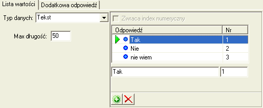 Nie pozwól na takową odpowiedź domyślnie nie pozwala na użycie dodatkowe odpowiedzi. Pozwól na wprowadzenie dodatkowej (Pojedynczy tekst) pozwala na wprowadzenie odpowiedzi jako tekst.