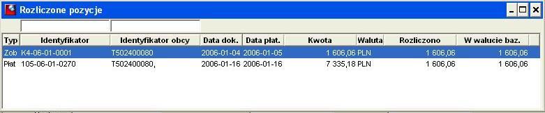 Rozliczono - kwotana jaką zostały rozliczone pozycje; Waluta waluta rozliczenia; Identyfikatory dokumentów, z których powstały pozycje rozrachunków.