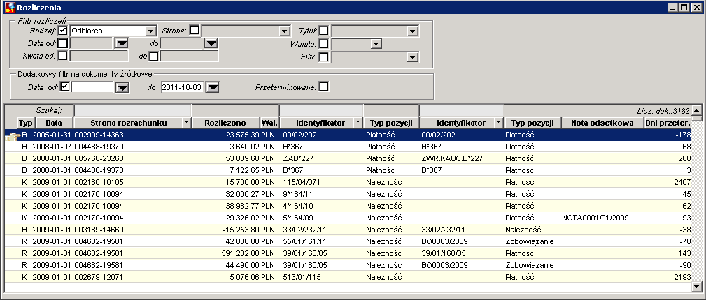 Lista zawiera następujące informacje: Typ - typ rozrachunku z którego pochodzi pozycja rozliczenie: B bilansowanie, R - rozliczenie, K - kompensata Data rozliczenia Strona rozrachunku.
