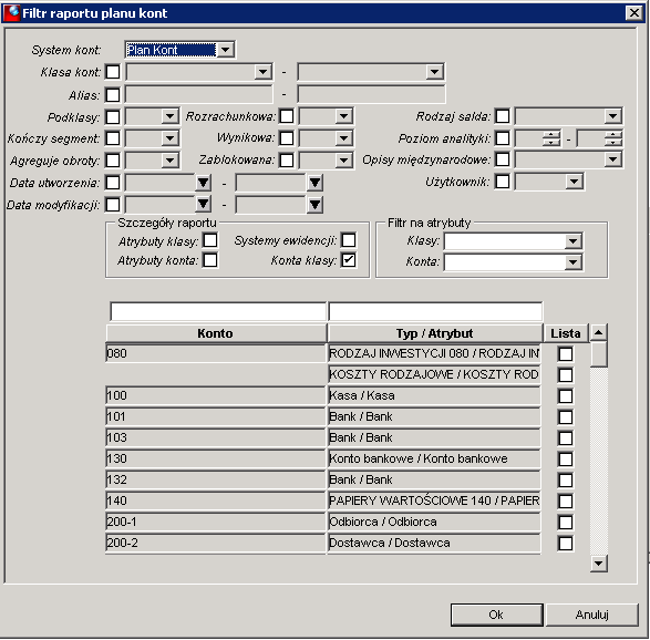Plan kont struktura sprawozdań - (definicja przypisania klas do pól sprawozdań wg sprawozdań) Wydruk planu kont Aby wydrukować plan kont wraz z analitykami słownikowymi należy zaznaczyć