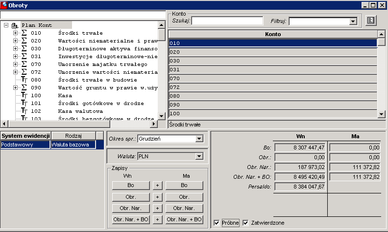 W prawej dolnej części ekranu pojawi się drzewo z obrotami (sumy). Wybranie konta w drzewie spowoduje wyświetlenie na liście kont wszystkich kont podrzędnych w obrębie tego konta.