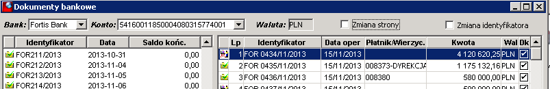 identyfikator (numer wewnętrzny dokumentu bankowego w rejestrze), data operacji, płatnik/wierzyciel, kwota, waluta, flaga czy zadekretowany.