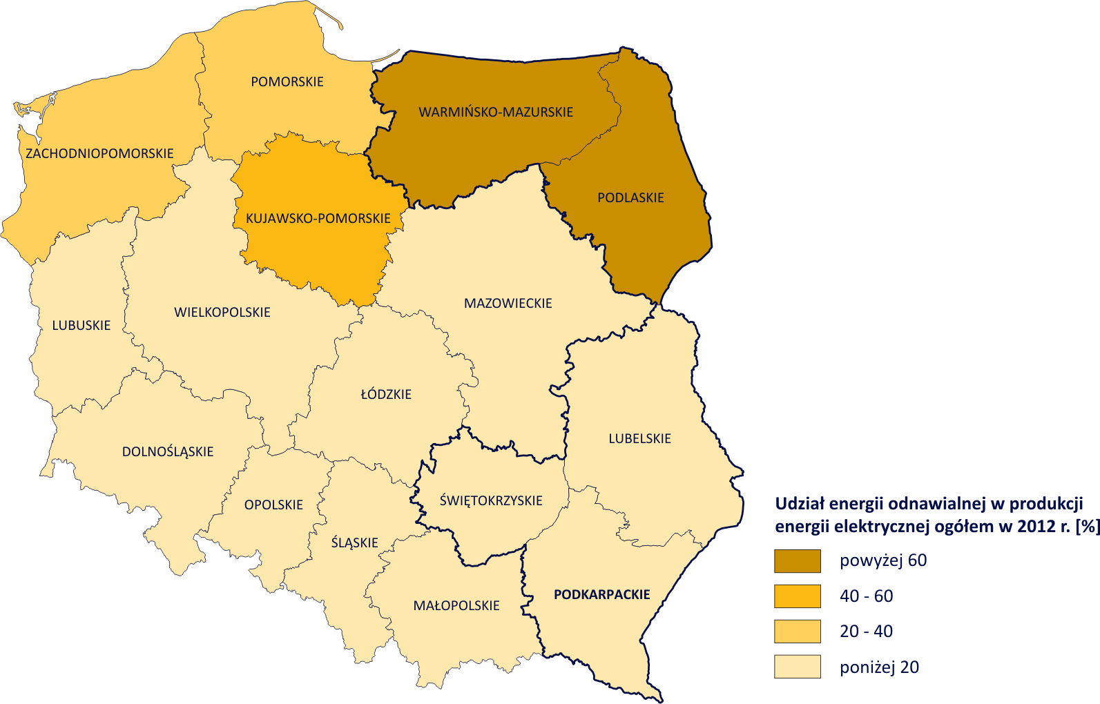 Rysunek 1. Udział energii odnawialnej w produkcji energii elektrycznej ogółem w 2012 r.